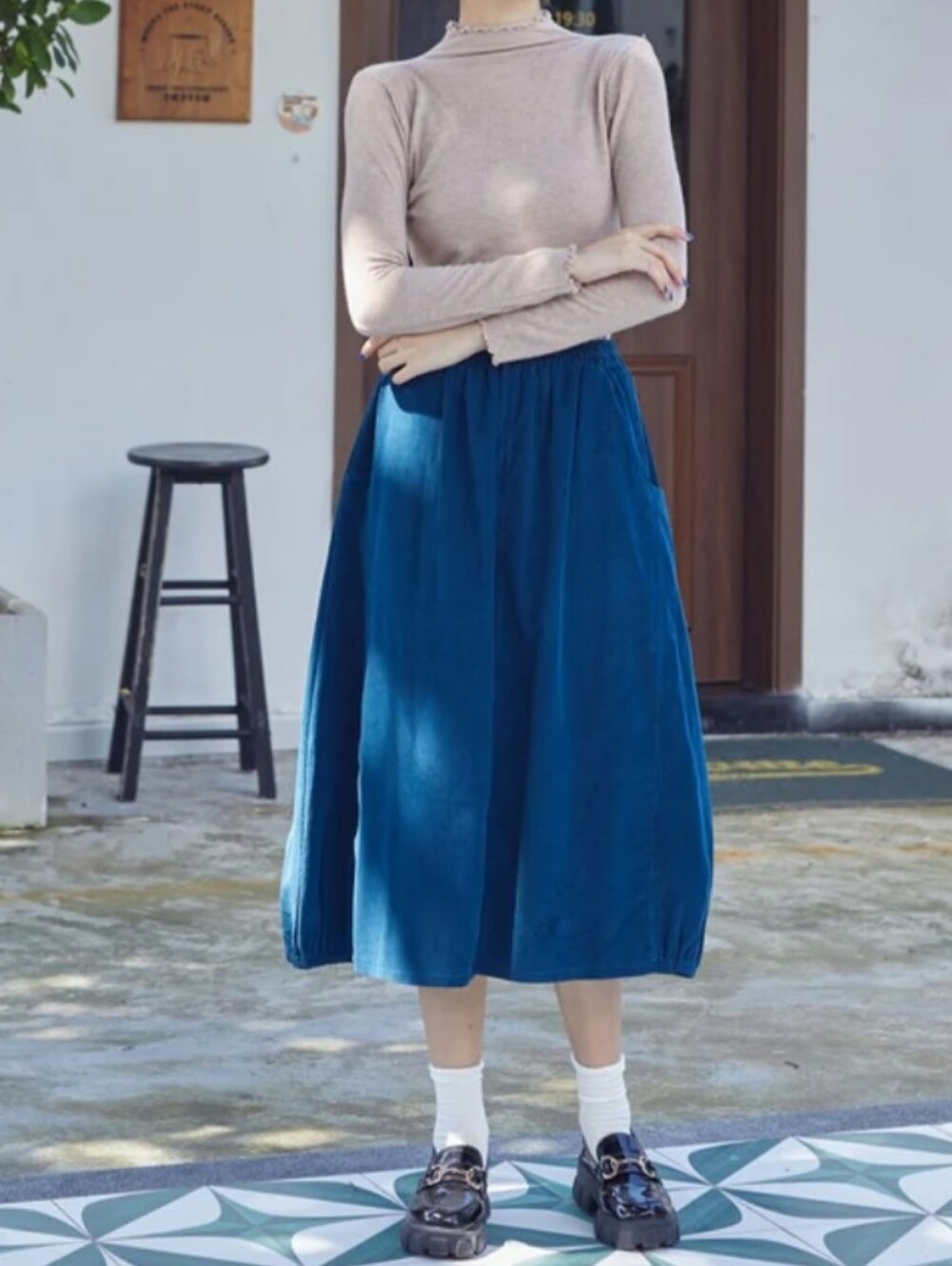 100% Cotton Cordoroy Midi Skirt - Indigo Blue / Dark Teal